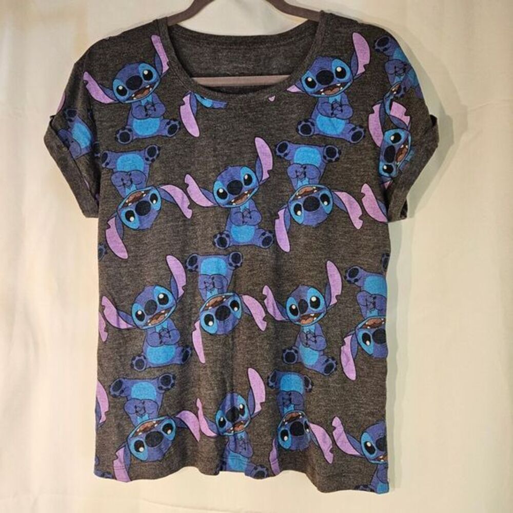 Disney Lilo &‎ Stitch All-Over Print Character T-Shirt Gray Heather Casual Tee